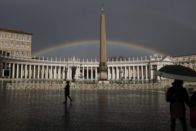 A rainbow shines over St. Peter's Square at the Vatican, on Jan. 31, 2021. (AP Photo/Alessandra Tarantino, File)