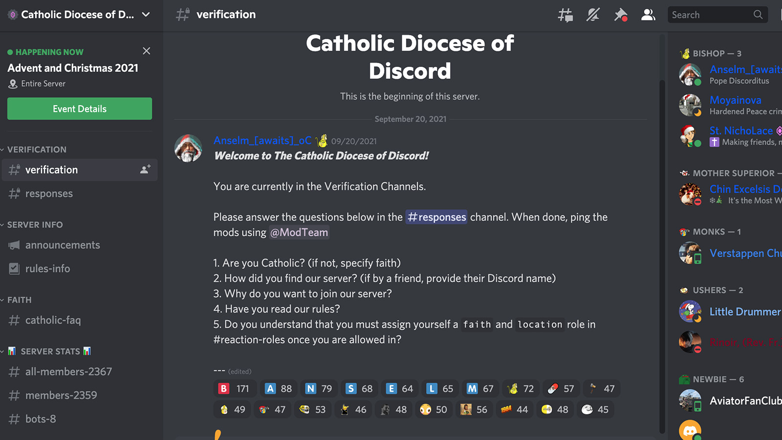 A welcome post from Anselm_oC for The Catholic Diocese of Discord page on Discord. Screengrab