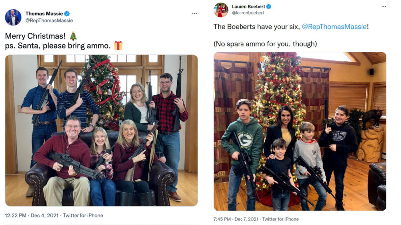 Family photos featuring guns around Christmas trees in tweets from U.S. Reps. Thomas Massie, left, and Rep. Lauren Boebert. Screen grabs