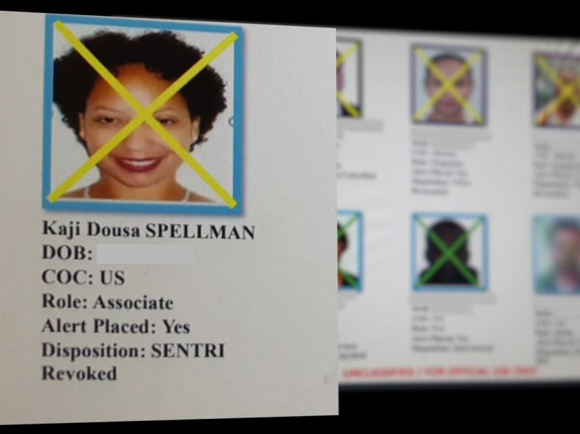 The Rev. Kaji Douša as she appears in an alleged government database. According to documents leaked to NBC, the yellow "X" indicates her SENTRI status has been revoked. Image courtesy of Kaji Douša