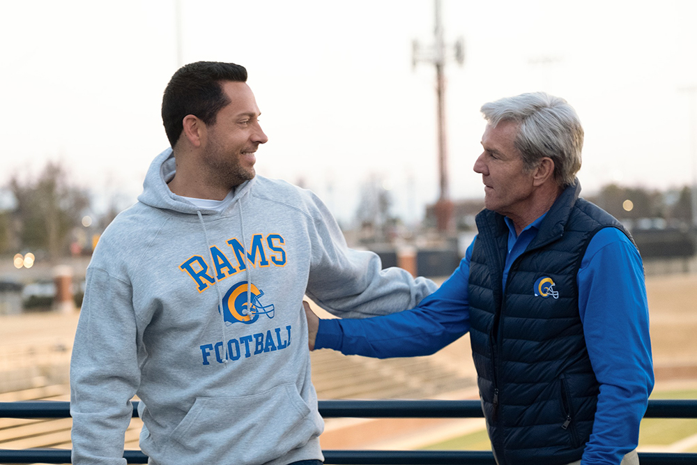 Zachary Levi as Kurt Warner, left, and Dennis Quaid as St. Louis Rams head coach Dick Vermeil in "American Underdog" Photo by Lionsgate