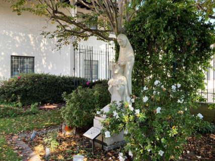A statue of “Our Blessed Mother Mary Inspiring St. Dominic with the Rosary” stands at the Monastery of the Angels, a donation from the late actress Jane Wyman. RNS photo by Alejandra Molina