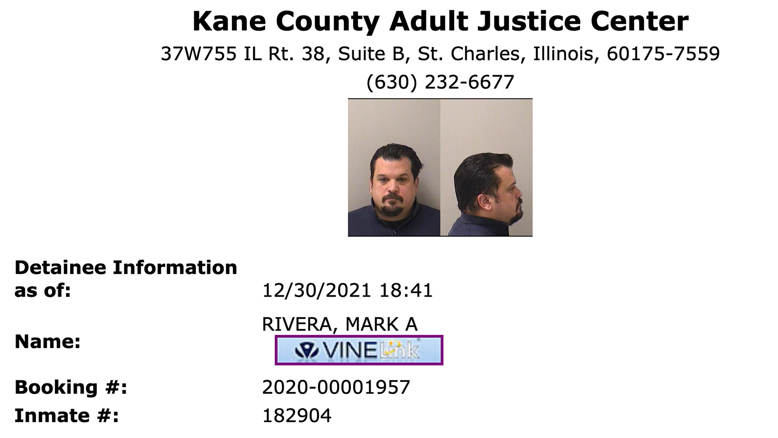 Kane County, Illinois, booking information for Mark Rivera. Screengrab