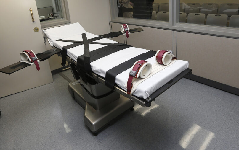 This Oct. 9, 2014, file photo shows the gurney in the the execution chamber at the Oklahoma State Penitentiary in McAlester, Oklahoma. (AP Photo/Sue Ogrocki, File)