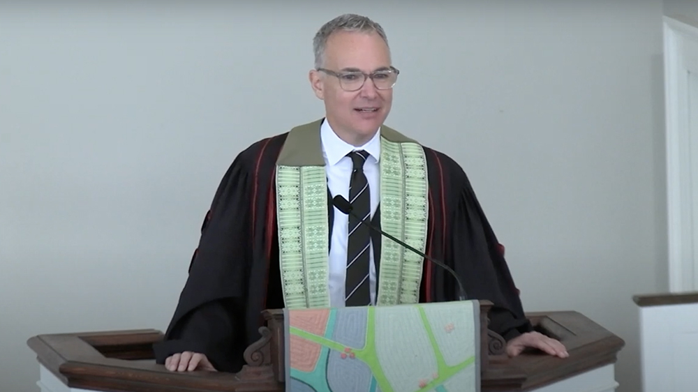 The Rev. Timothy Tutt preaches at Westmoreland United Church of Christ on Nov. 21, 2021, in Bethesda, Maryland. Video screengrab