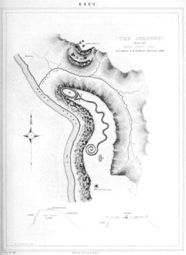 A map of Serpent Mound from "Ancient Monuments of the Mississippi Valley," published by the Smithsonian Institution Press in 1848. Image courtesy of Wikipedia/Creative Commons