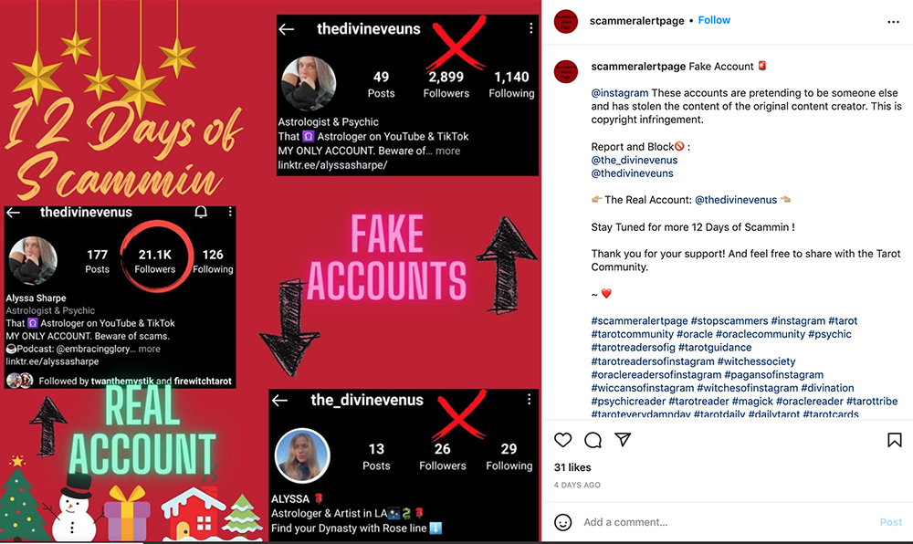 Fake accounts in the online tarot community are called out in a post by @scammeralertpage on Instagram. Screengrab