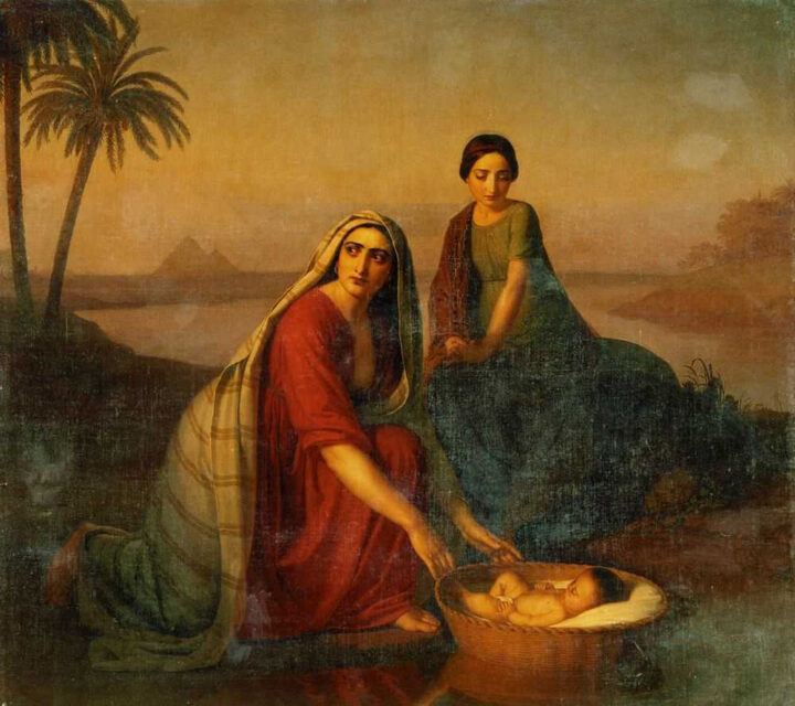 A painting of Moses in a basket, lowered by his mother on the waters of the Nile, by Alexey Vasilievich Tyranov, circa 1840. Image courtesy of  Wikimedia/Creative Commons