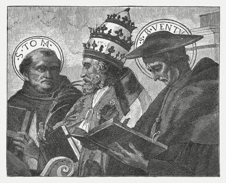 Thomas Aquinas, Pope Innocent III and Italian mathematician Bonaventura Francesco Cavalieri.  (ZU_09/DigitalVision Vectors via Getty images)