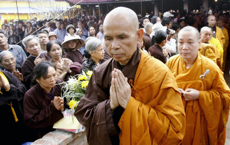 Zen Buddhist monk Thich Nhat Hanh praying during a three-day requiem for the souls of Vietnam War victims in 2007. (Hoang Dinh Nam/AFP via Getty Images)