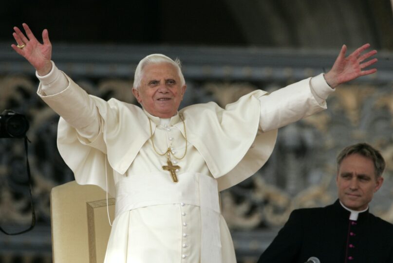 Pope Benedict XVI acknowledges the crowd during an audience in St. Peter's Square at the Vatican on Oct.24, 2007. A January 2022 report faulted his handling of several sex abuse cases. (AP Photo/Plinio Lepri)