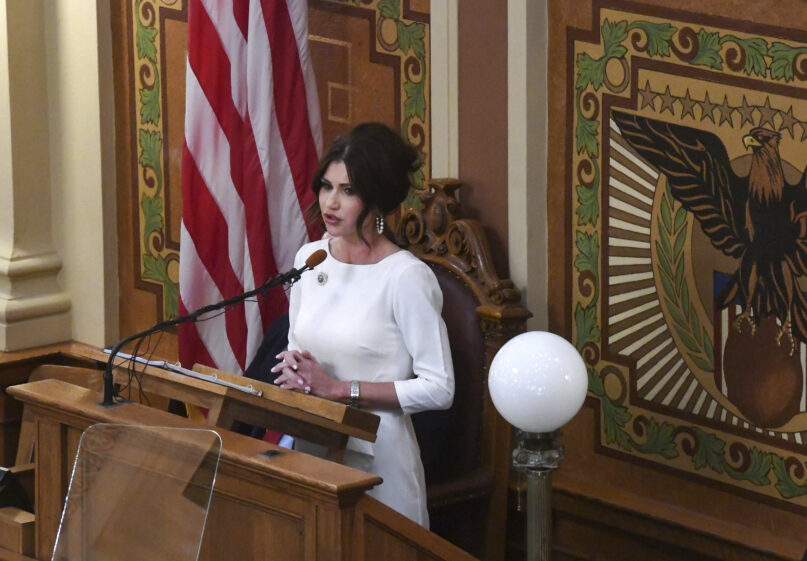 South Dakota Gov. Kristi Noem gives the State of the State address on Jan. 11, 2022, at the state Capitol in Pierre, South Dakota. (Erin Woodiel/The Argus Leader via AP)