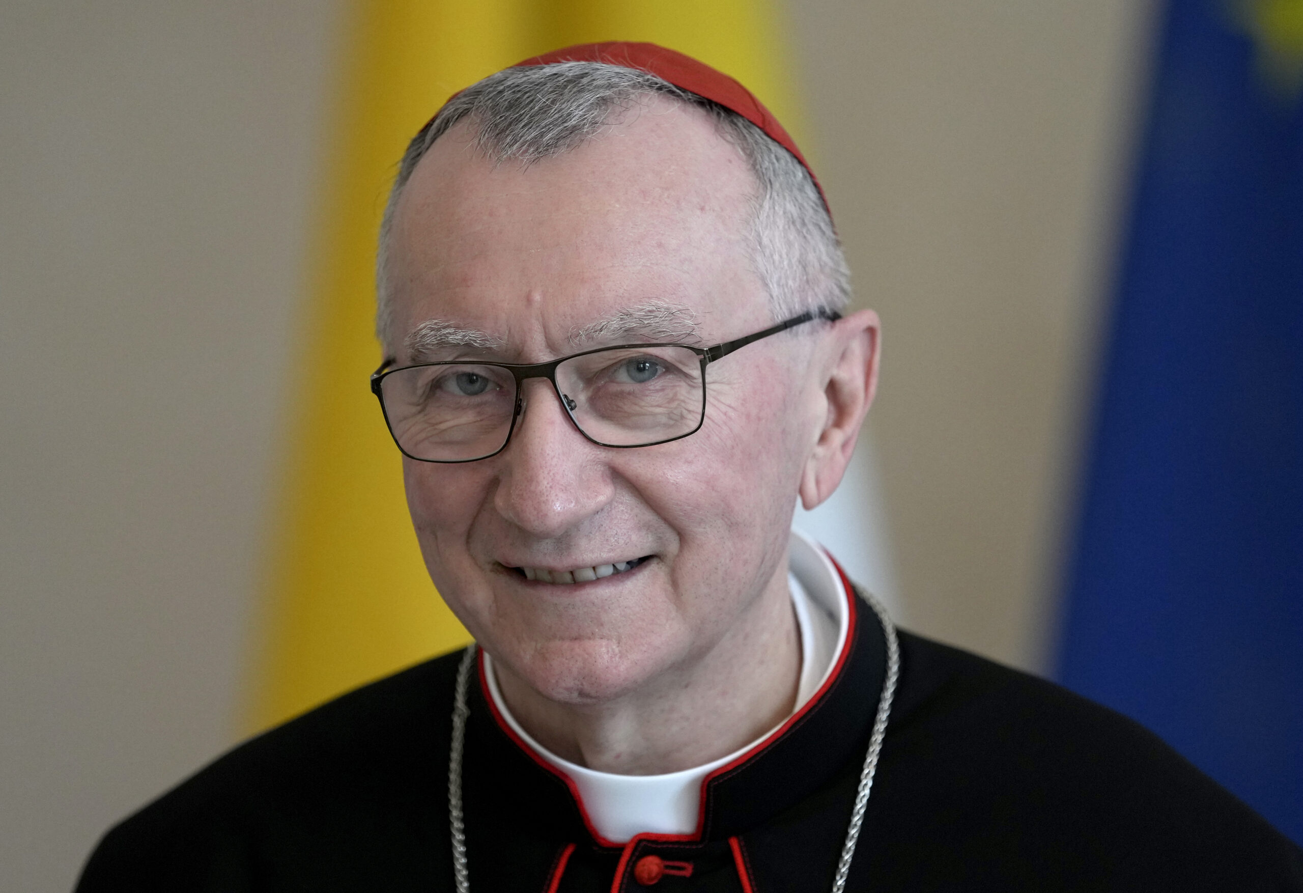 Vatican Secretary of State Cardinal Pietro Parolin smiles during a meeting at the Bellevue palace in Berlin on June 29, 2021. (AP Photo/Michael Sohn, File)