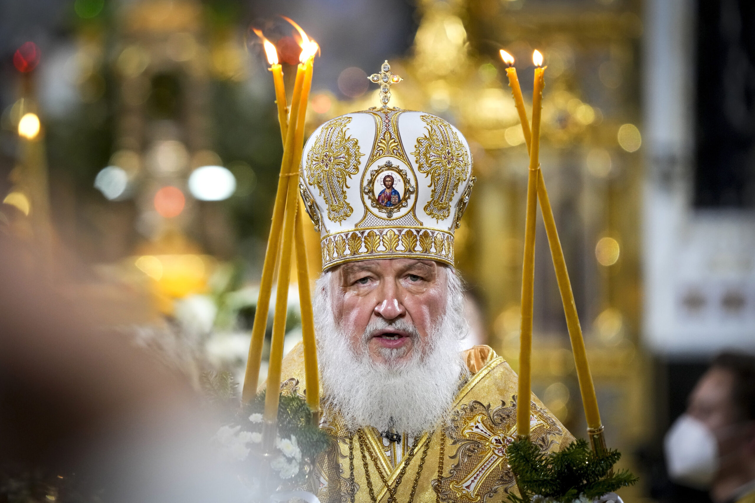 Russian Orthodox Patriarch Kirill in the Christ the Saviour Cathedral in Moscow, Jan. 6, 2022. (AP Photo/Alexander Zemlianichenko)