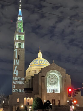 Messages voicing support for abortion rights are projected onto the Basilica of the National Shrine of the Immaculate Conception in Washington, D.C., Thursday, Jan. 20, 2021. The messages were part of a protest staged by the liberal advocacy group Catholics for Choice. RNS photo by Jack Jenkins