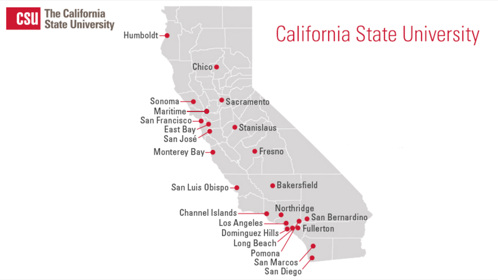 The 23 campuses of the California State University system, the largest four-year public university system in the nation. Graphic courtesy of CSU