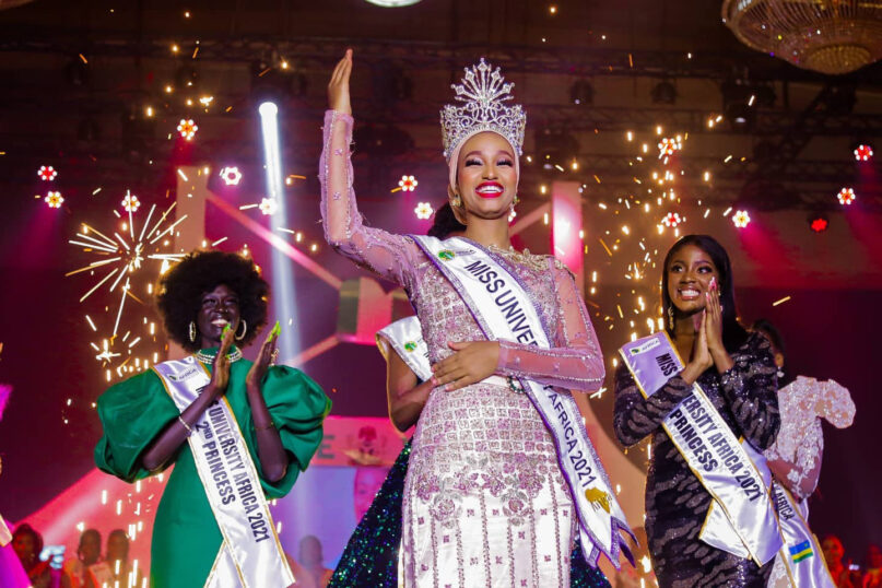 Adar Yusuf Ibrahim waves after winning the Miss University Africa pageant in December 2021. Photo courtesy of Miss University Africa