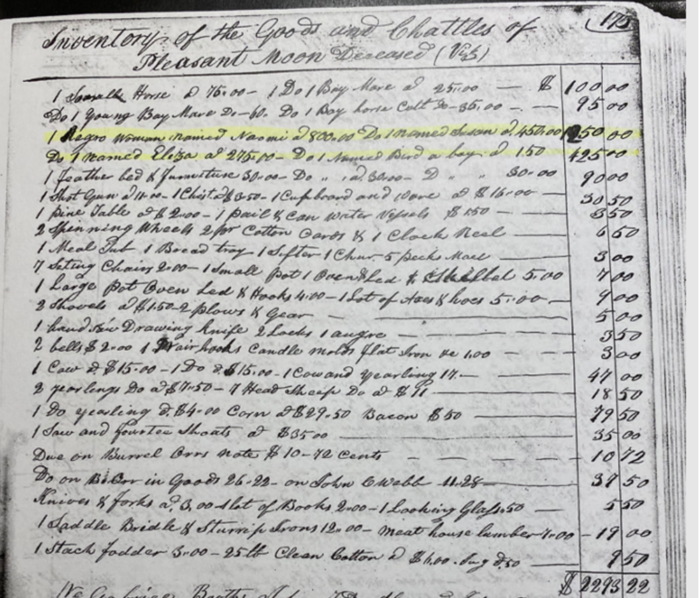 Inventory of the Goods and Chattles of Pleasant Moon Deceased (1815). Image via the state of Georgia digitized archives