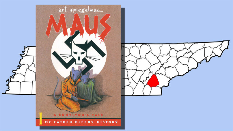The cover of “Maus” by Art Spiegelman, left, and McMinn County, red, in eastern Tennessee. RNS illustration