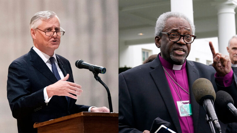 Historian Jon Meachem, left, and Bishop Michael Curry. (AP Photos)
