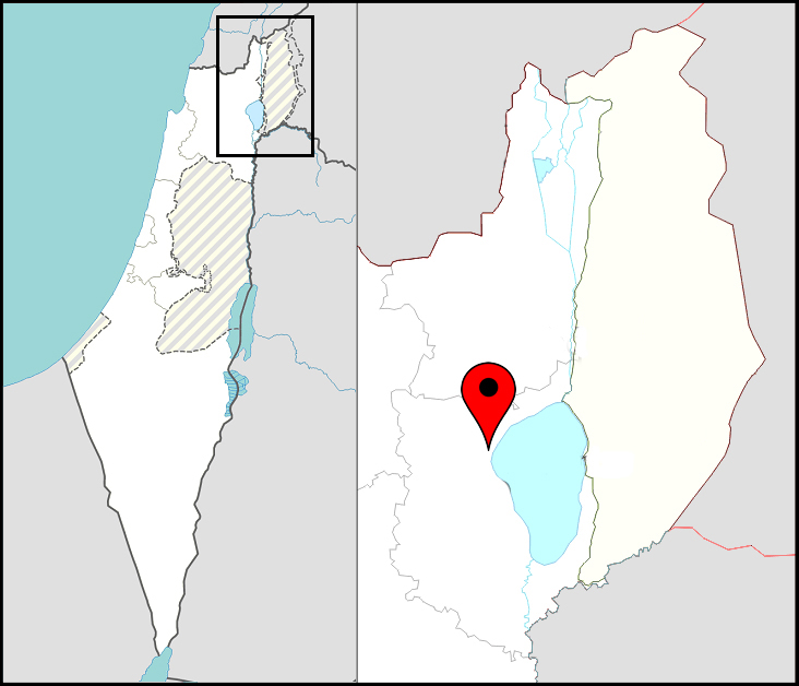 Migdal, red pin, located along the Sea of Galilee in northeast Israel. Maps courtesy of Creative Commons