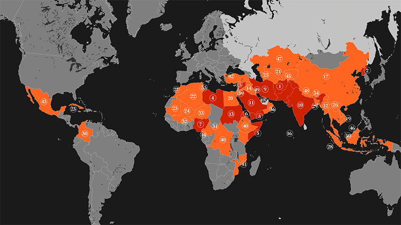 A map of the Open Doors 2022 World Watch List. Image courtesy of Open Doors