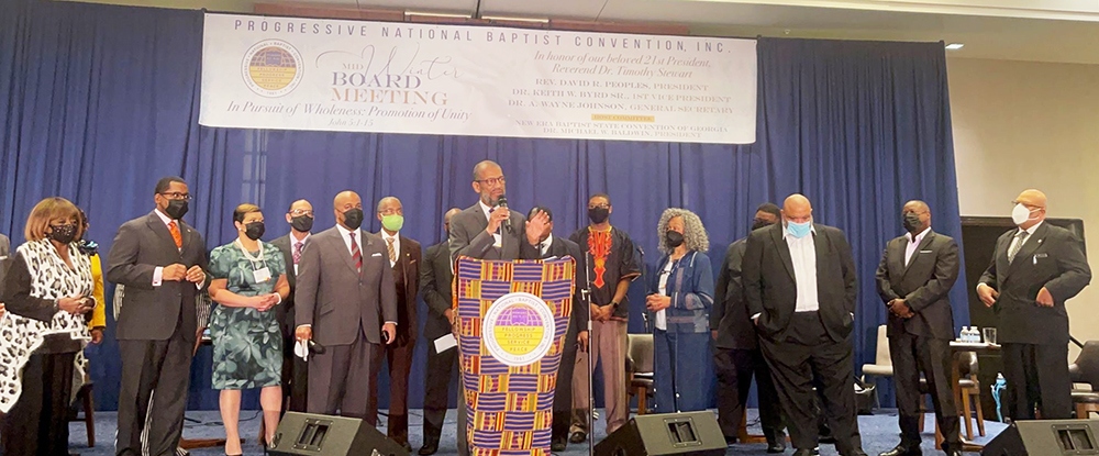 Rev. Darryl Gray of St. Louis speaks beside a number of other leaders from the Progressive National Baptist Convention about voting rights. Photo by Roy Lewis, courtesy of PNBC