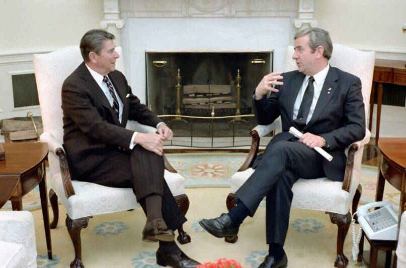 President Ronald Reagan meets with Jerry Falwell in the Oval Office on March 15, 1983. Image courtesy of the Ronald Reagan Presidential Library