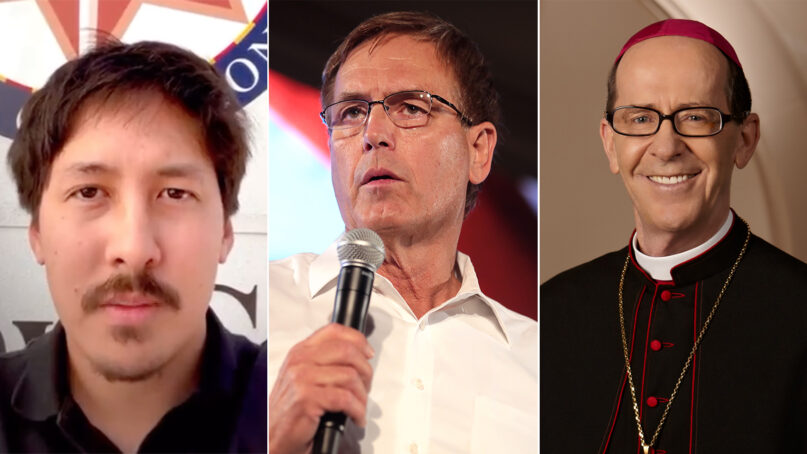 Ron Watkins, from left, Jim Lamon and Phoenix Bishop Thomas Olmsted. (Video screen grab, Gage Skidmore/The Star News Network, and Diocese of Phoenix)