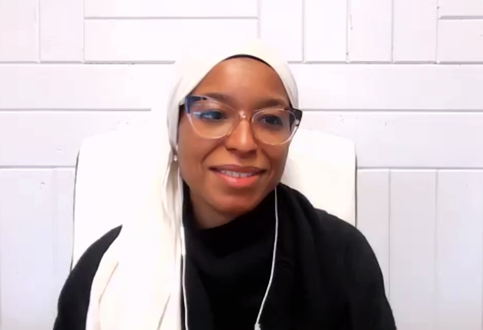 Alia Bilal participates in an online event co-hosted by the White House and the Black Interfaith Project, Wednesday, Feb. 23, 2022. Video screen grab