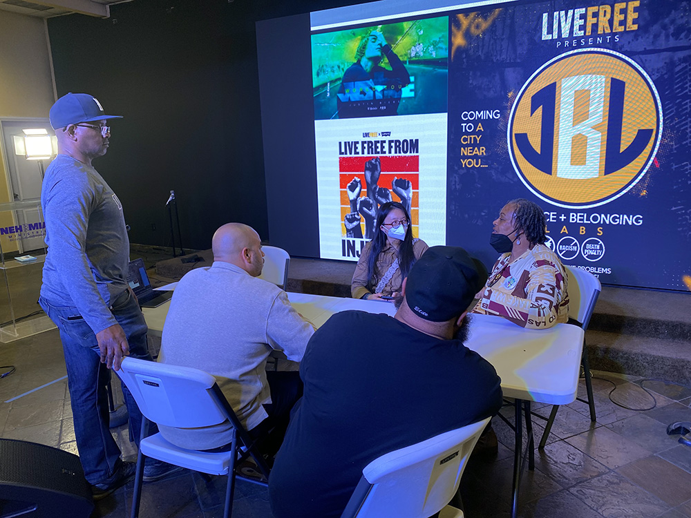 Community members discuss strategies and next steps during a Live Free USA Justice and Belonging Lab breakout session related to criminal justice reform and gun violence in Las Vegas, Nevada. Photo courtesy of Live Free USA
