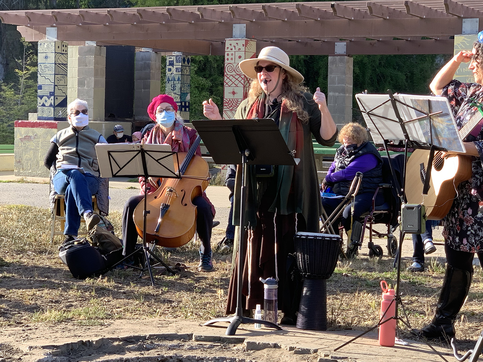 Rabbi Katie Mizrahi leads an outdoor service for Or Shalom in San Francisco in May 2021. Courtesy photo