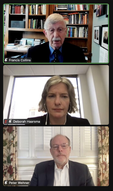 Francis Collins, from top, Deborah Haarsma and Peter Wehner participate in a Faith Angle Forum/BioLogos webinar titled “Faith and Science in an Age of Tribalism," Wednesday, Feb. 2, 2022. Video screengrab