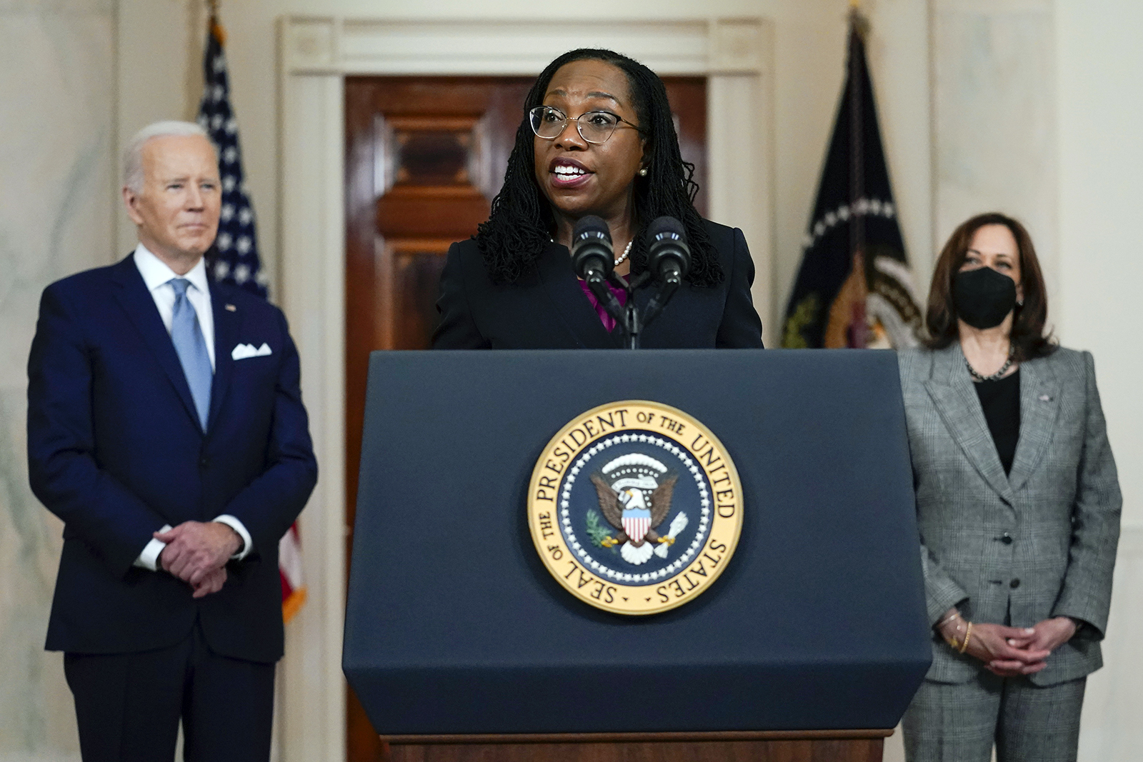 Judge Ketanji Brown Jackson speaks after President Joe Biden announced Jackson as his nominee to the Supreme Court in the Cross Hall of the White House, Friday, Feb. 25, 2022, in Washington. Vice President Kamala Harris listens at right. (AP Photo/Carolyn Kaster)