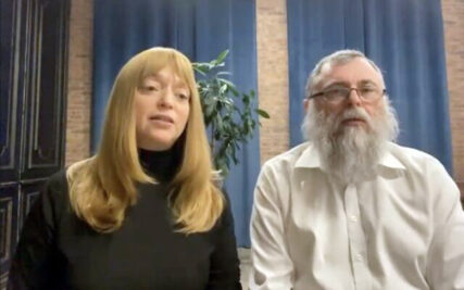 Rabbi Jonathan Markovitch and his wife, Inna, speak to journalists in Israel through Zoom on Thursday, Feb. 24, 2022, from Kyiv, Ukraine. Video screen grab