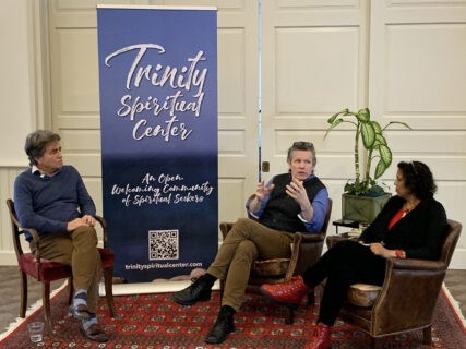 Mark Grayson, left, sits to talk with Mark Greene and family therapist Dr. Saliha Bava, “Relational Parenting: How to Grow Our Children’s Relational Super Powers.” Photo courtesy of Grayson