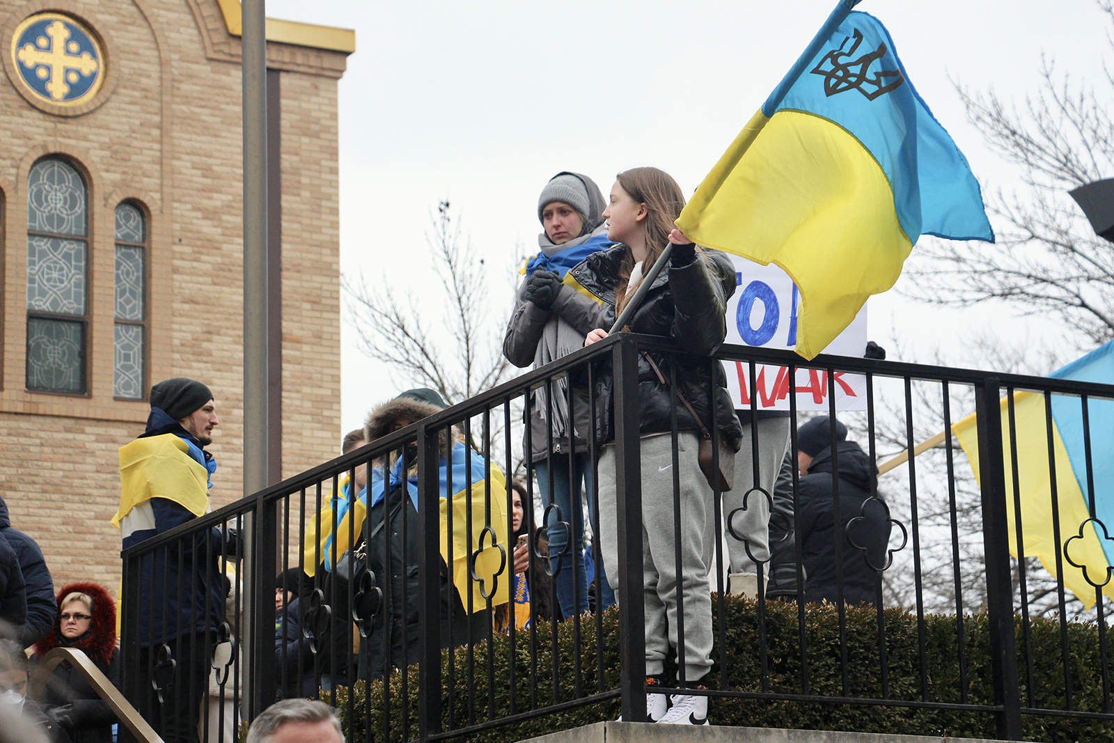 Pro-Ukraine demonstrators rally outside the Sts. Volodymyr and Olha Ukrainian Catholic Church in Chicago's Ukrainian Village neighborhood, Thursday, Feb. 24, 2022. RNS photo by Emily McFarlan Miller