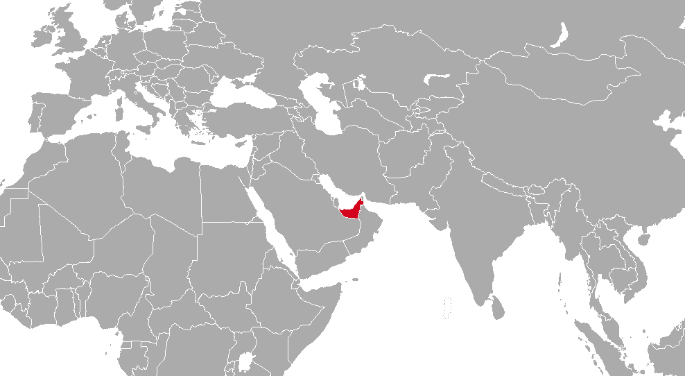 The United Arab Emerates, red, located along the southern edge of the Persian Gulf. Map courtesy of Creative Commons