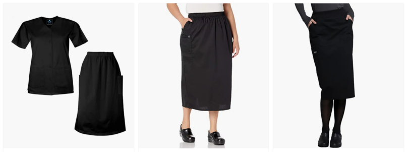 Scrub skirts are worn by some nurses as part of their work uniform, usually for religious or modesty reasons. Screen grab from Amazon