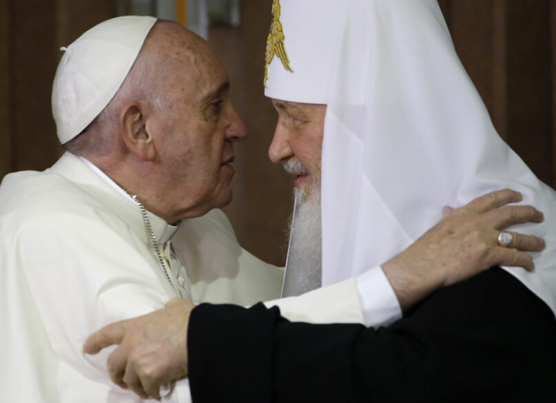 Pope Francis, left, embraces Russian Orthodox Patriarch Kirill after signing a joint declaration on religious unity in Havana on Feb. 12, 2016. (AP Photo/Gregorio Borgia, Pool)
