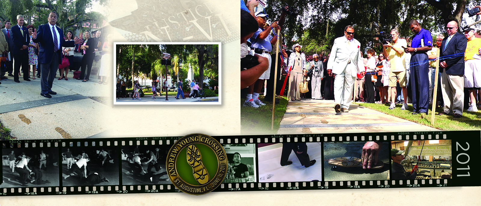 Pages from the “The Many Lives of Andrew Young” coffee table book. These images depict Young returning to St. Augustine, Florida, where he was beaten by Klan members in 1964. The site is now named after him as the Anddrew Young Crossing. Courtesy images