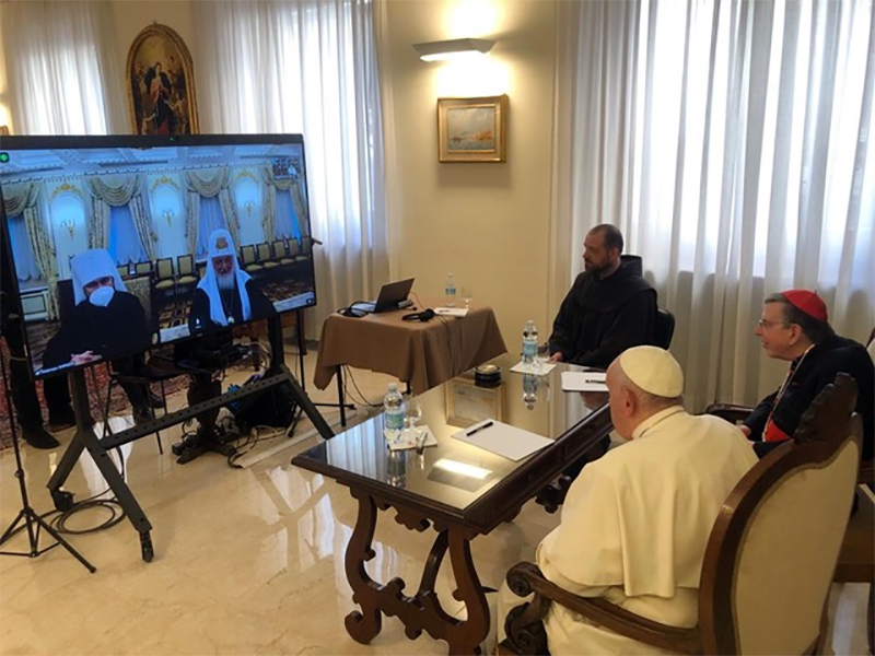 Pope Francis, right, and Russian Orthodox Patriarch Kirill of Moscow meet via video, March 16, 2022. Photo courtesy of Vatican Media