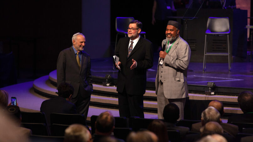 Rabbi David Saperstein, from left, Pastor Bob Roberts Jr. and Imam Mohammed Magid speak during the Global Faith Forum at Northwood Church in Keller, Texas, March 6, 2022. Photo courtesy of MFNN