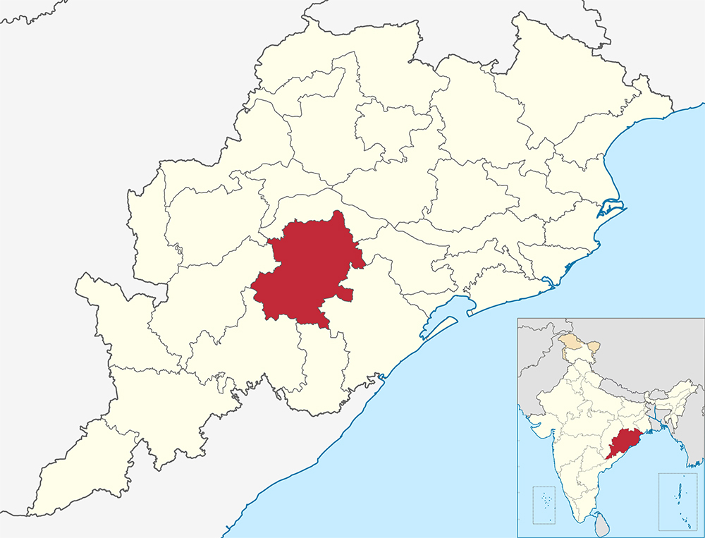 Map of Kandhamal district, top, within the Odisha state in eastern India. Map courtesy of Wikipedia/Creative Commons