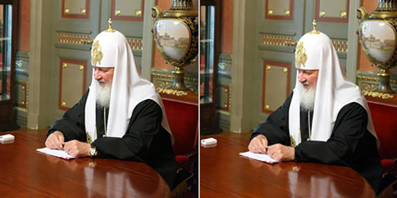 A Breguet watch on Patriarch Kirill, left, disappeared in a doctored photo, right. The reflection of the watch on the table remained. Photos via Press Service of the Patriarch