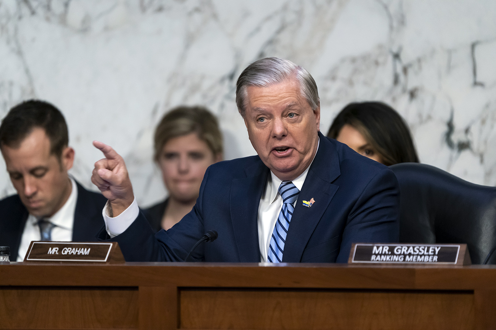 Sen. Lindsey Graham, R-S.C., a former chairman of the Senate Judiciary Committee, questions Supreme Court nominee Ketanji Brown Jackson during her confirmation hearing, on Capitol Hill in Washington, March 22, 2022. (AP Photo/J. Scott Applewhite)