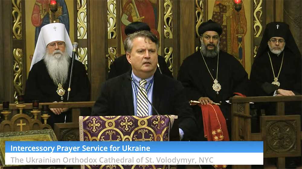 Sergiy Kyslytsya, Ukraine’s ambassador to the United Nations, speaks at the “Intercessory Prayer Service for Ukraine" at the Ukrainian Orthodox Cathedral of St. Volodymyr in Manhattan, Wednesday, March 9, 2022. Video screen grab