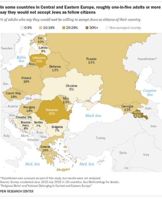 "In some countries in Central and Eastern Europe, roughly one-in-five adults or more say they would not accept Jews as fellow citizens" Graphic courtesy of Pew Research Center