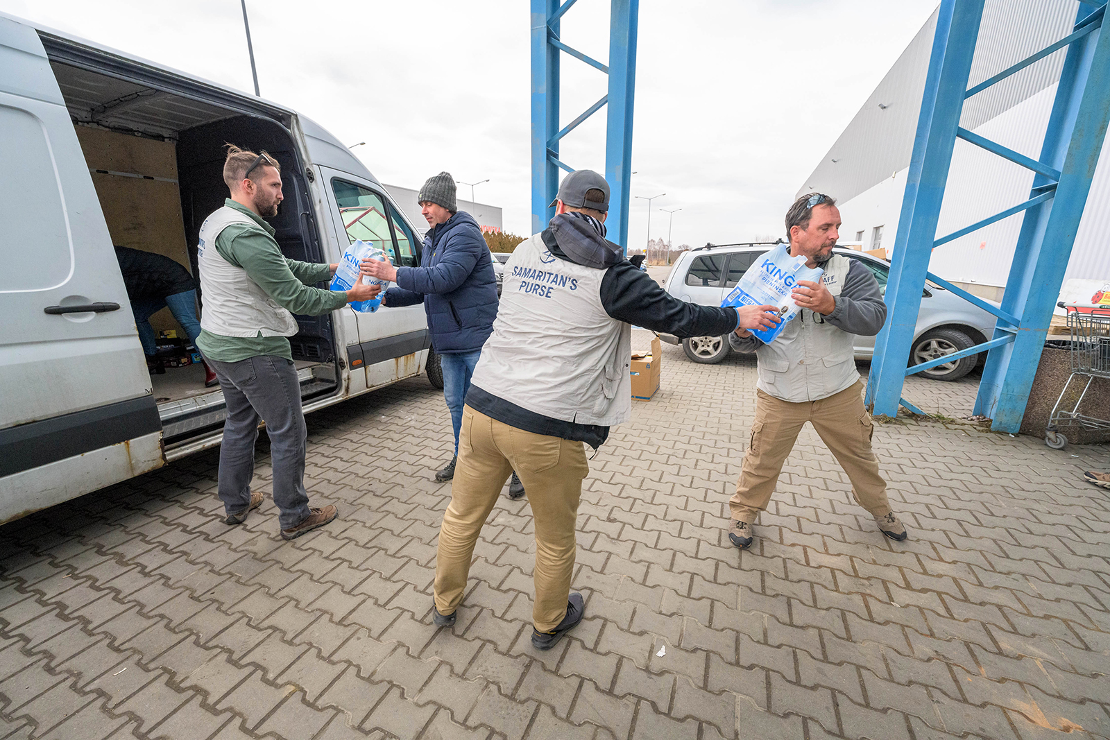 Samaritan's Purse Disaster Assistance Response Team members supply food and water at a refugee center in Poland, March 2, 2022. Photo courtesy of Samaritan's Purse