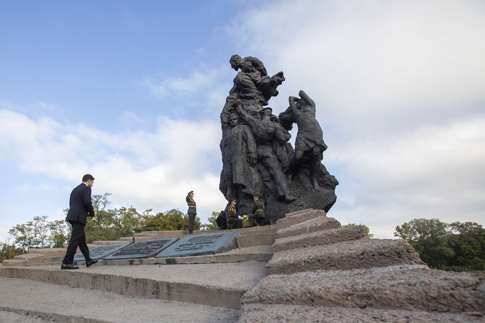 Ukrainian President Volodymyr Zelenskyy attends a ceremony at the monument to Jewish victims of Nazi massacres in Ukraine's capital Kyiv, Wednesday, Sept. 29, 2021. The ceremony commemorated the 80th anniversary of the Nazi massacre of Jews at the Babi Yar ravine, where at least 33,770 Jews were killed over a 48-hour period on Sept. 29, 1941. (Ukrainian Presidential Press Office)